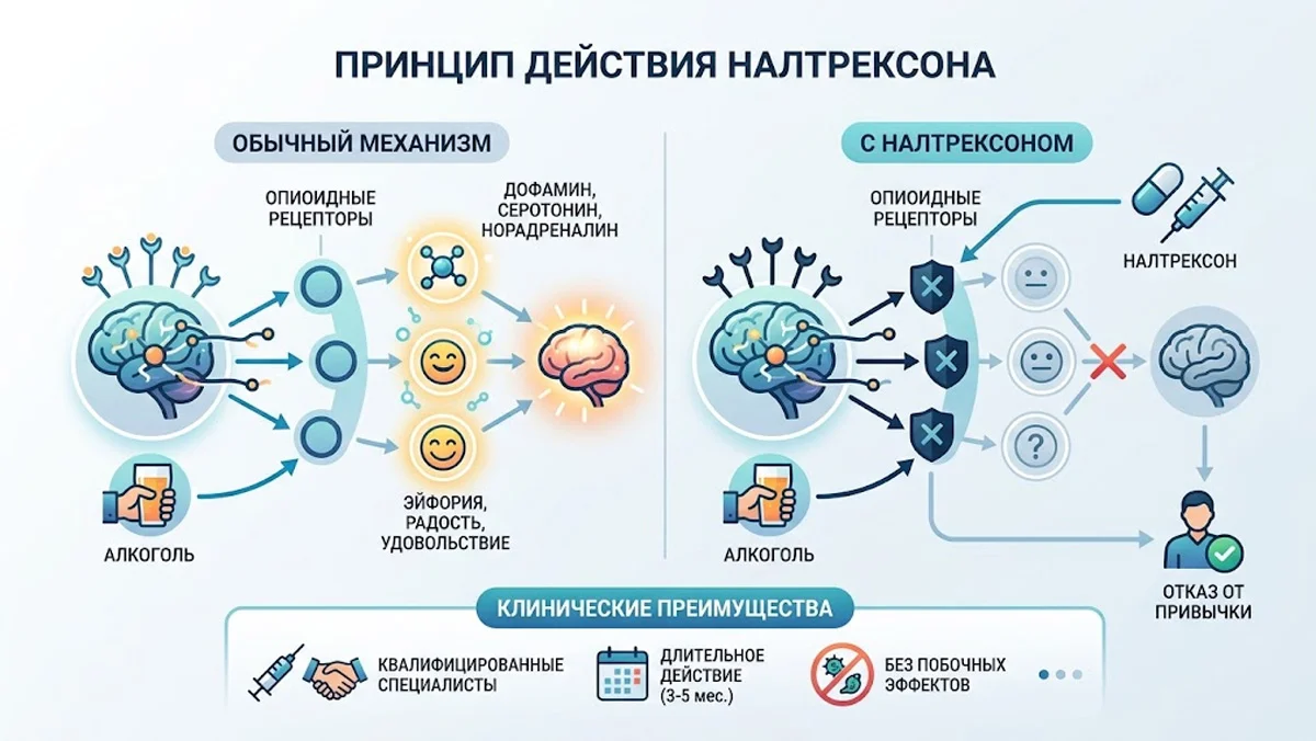 Инфографика: принцип действия Налтрексона при кодировании от алкоголизма, блокировка опиоидных рецепторов и отсутствие эйфории.